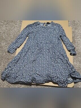 H&M Navy Blue Floral Long-Sleeve Swing Dress